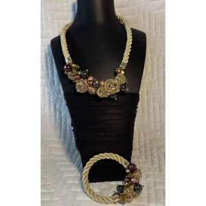 Statement Cluster Necklace and Bracelet Set Golden Rope 19 inch Bib style